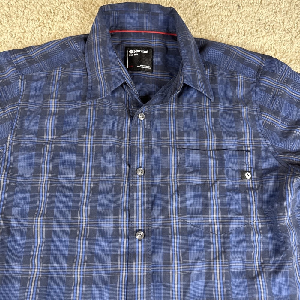 Marmot Men's Blue Plaid Short Sleeve Button-Up Shirt, Style 62220 Size Medium